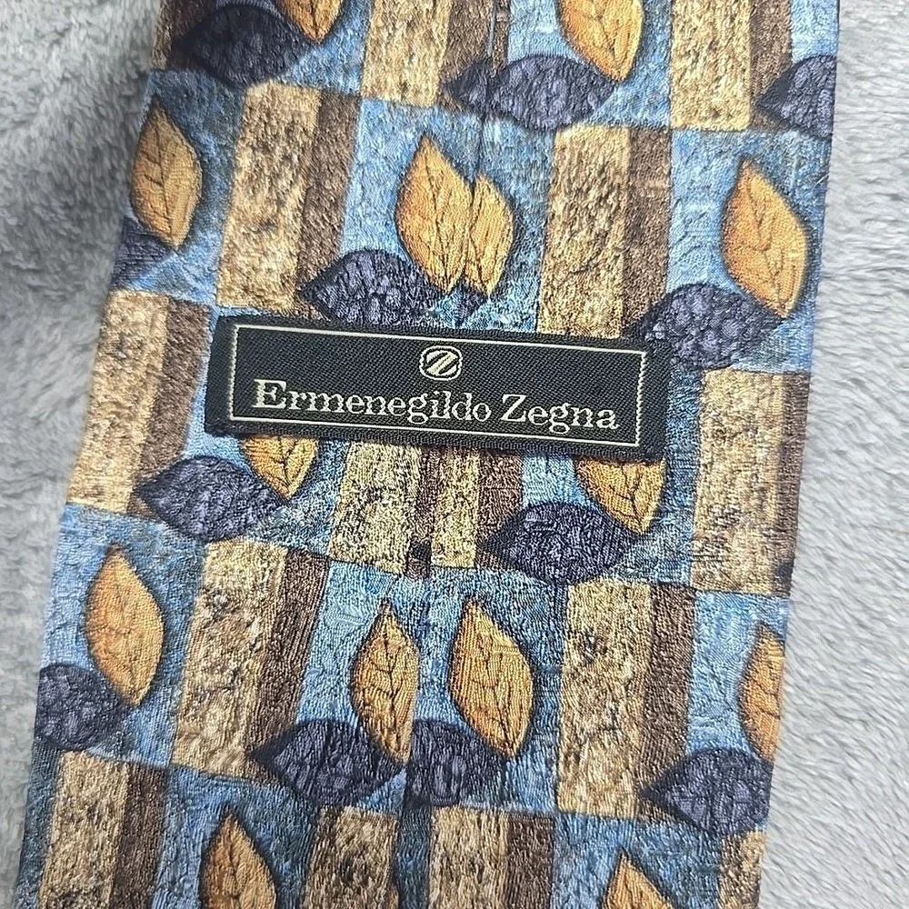 Ermenegildo Zegna Exclusive‎ Design Silk Necktie Blue Leaves Geometric Italian